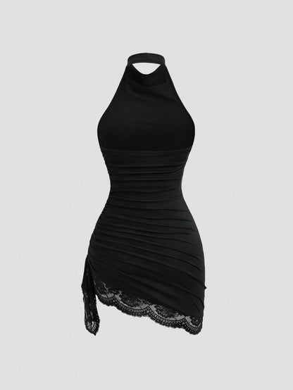 Sweetra New Summer Lace Patchwork Asymmetric Hem Drawstring Tie Design Cowl Neck Backless Elegant Commuter Fashion Mini Dress