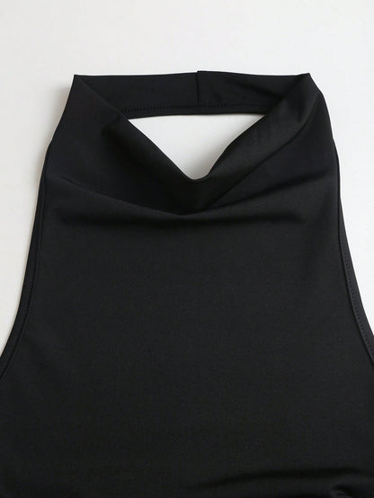 Sweetra New Summer Lace Patchwork Asymmetric Hem Drawstring Tie Design Cowl Neck Backless Elegant Commuter Fashion Mini Dress