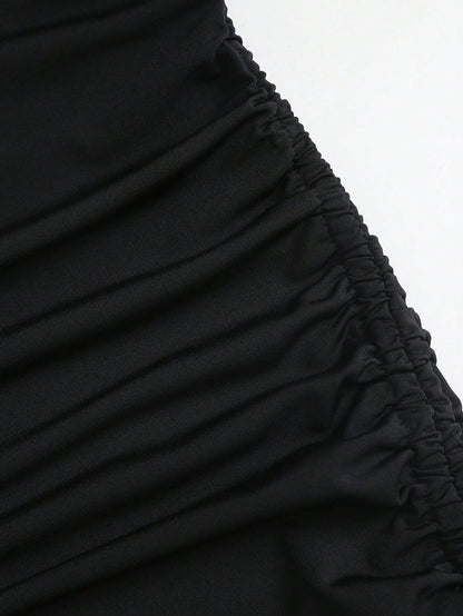 Sweetra New Summer Lace Patchwork Asymmetric Hem Drawstring Tie Design Cowl Neck Backless Elegant Commuter Fashion Mini Dress