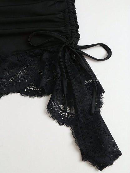 Sweetra New Summer Lace Patchwork Asymmetric Hem Drawstring Tie Design Cowl Neck Backless Elegant Commuter Fashion Mini Dress