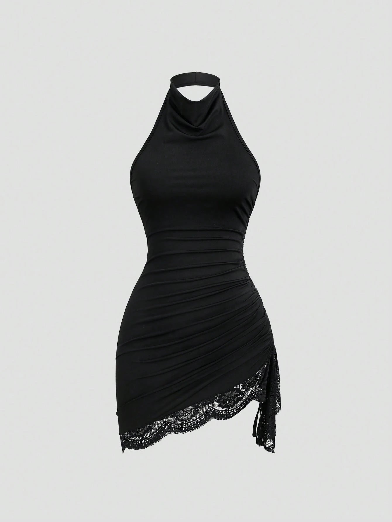 Sweetra New Summer Lace Patchwork Asymmetric Hem Drawstring Tie Design Cowl Neck Backless Elegant Commuter Fashion Mini Dress