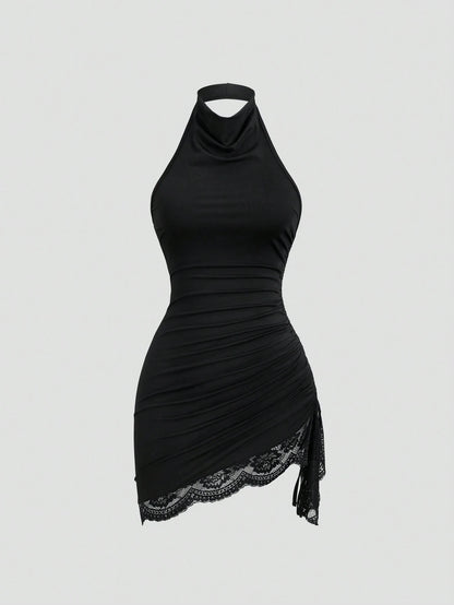 Sweetra New Summer Lace Patchwork Asymmetric Hem Drawstring Tie Design Cowl Neck Backless Elegant Commuter Fashion Mini Dress