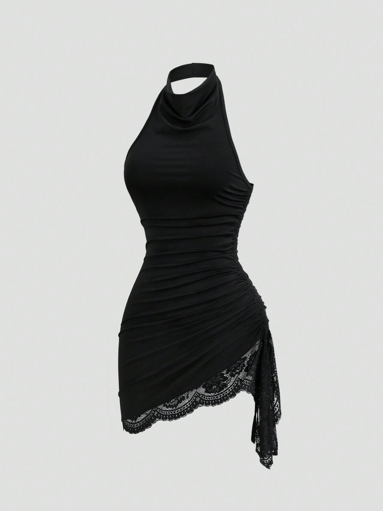 Sweetra New Summer Lace Patchwork Asymmetric Hem Drawstring Tie Design Cowl Neck Backless Elegant Commuter Fashion Mini Dress