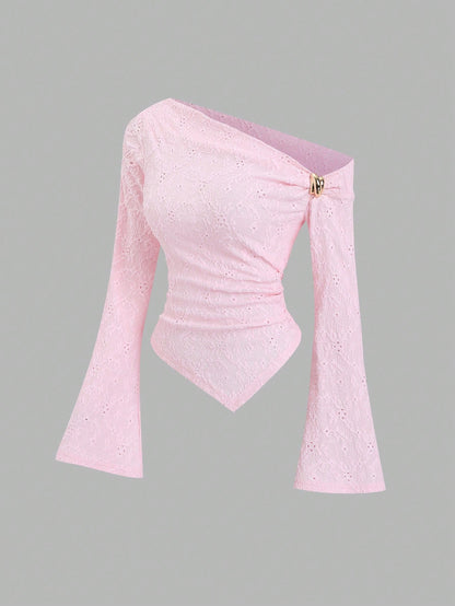 Sweetra Sexy Asymmetric Shoulder Textured Fabric Asymmetrical Hem Casual Top