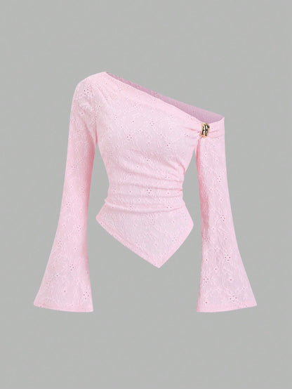 Sweetra Sexy Asymmetric Shoulder Textured Fabric Asymmetrical Hem Casual Top