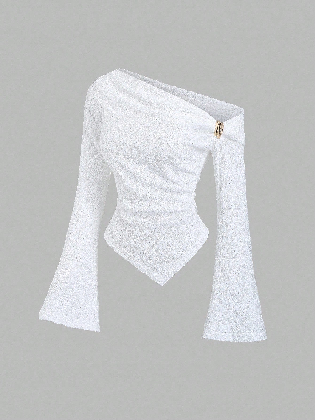 Sweetra Sexy Asymmetric Shoulder Textured Fabric Asymmetrical Hem Casual Top