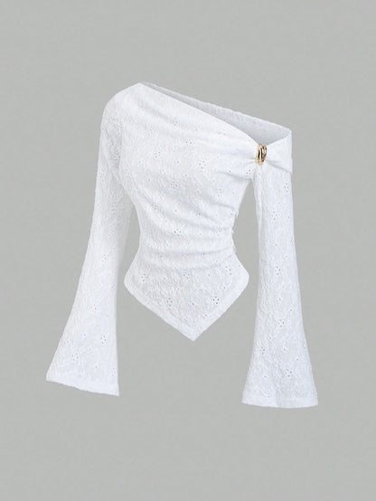 Sweetra Sexy Asymmetric Shoulder Textured Fabric Asymmetrical Hem Casual Top
