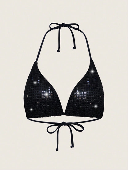 Sweetra Summer Beach Sequin V-Neck Halter Tie Bikini Top