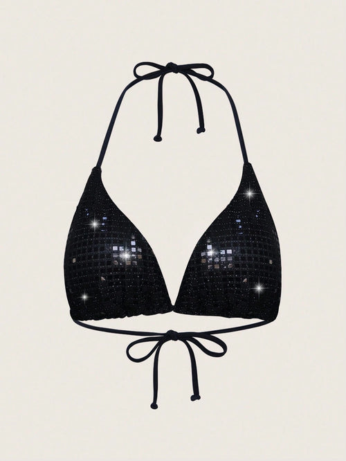 Sweetra Summer Beach Sequin V-Neck Halter Tie Bikini Top