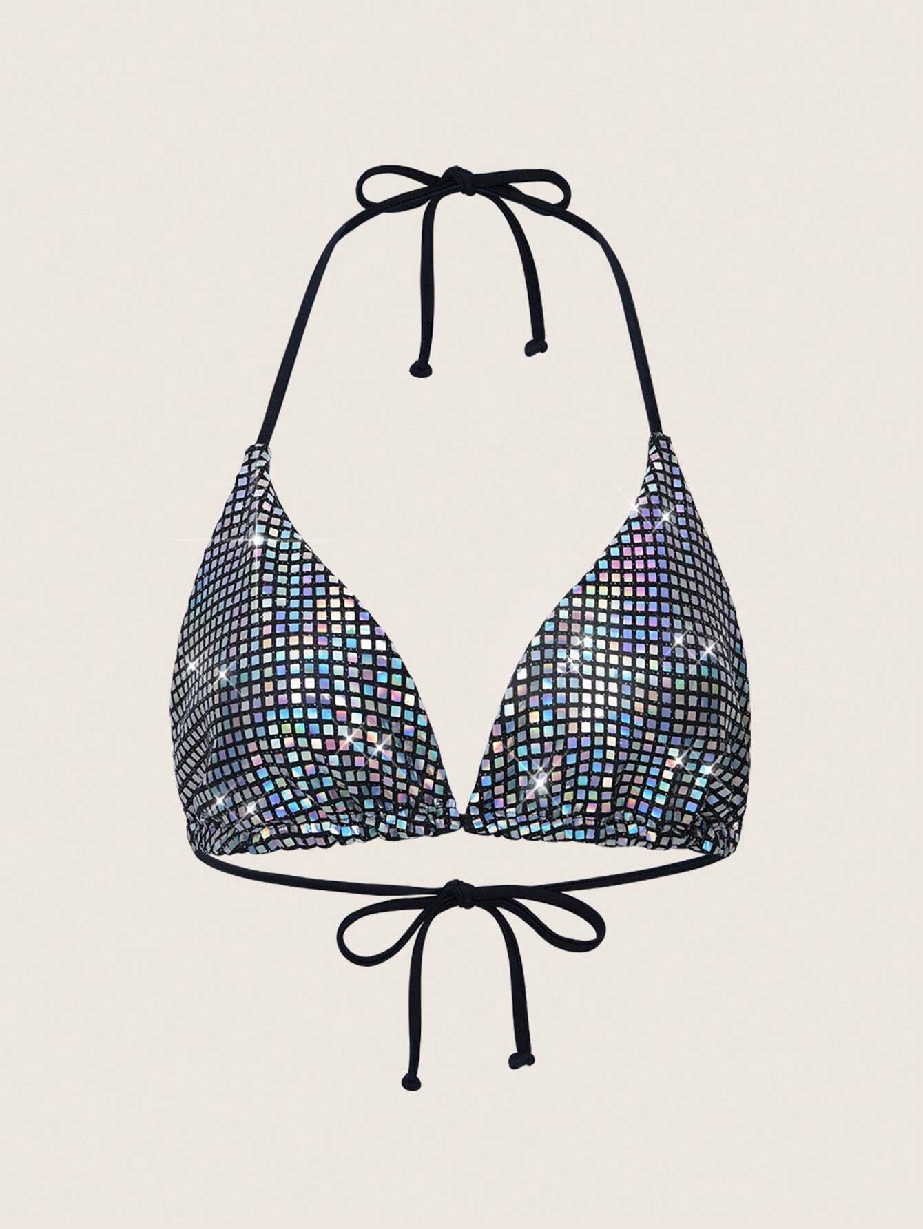 Sweetra Summer Beach Sequin V-Neck Halter Tie Bikini Top