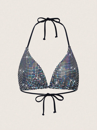Sweetra Summer Beach Sequin V-Neck Halter Tie Bikini Top