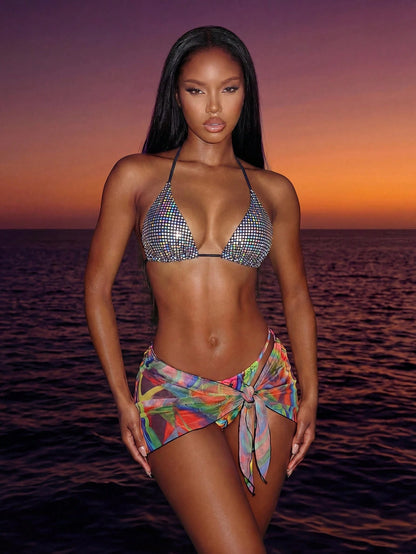 Sweetra Summer Beach Sequin V-Neck Halter Tie Bikini Top