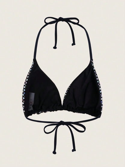 Sweetra Summer Beach Sequin V-Neck Halter Tie Bikini Top