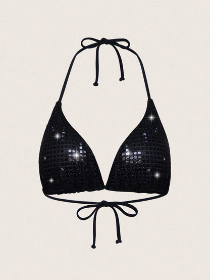 Sweetra Summer Beach Sequin V-Neck Halter Tie Bikini Top