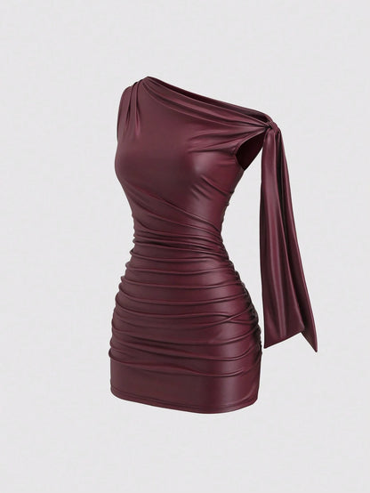 Sweetra Wine Red Black Coated Elastic Asymmetric Neck Ruched Slim Fit Mini Dress,Side Ruffle,Summer,70s,Holiday,Night Out,Party Cocktail,Commute Daily Wear