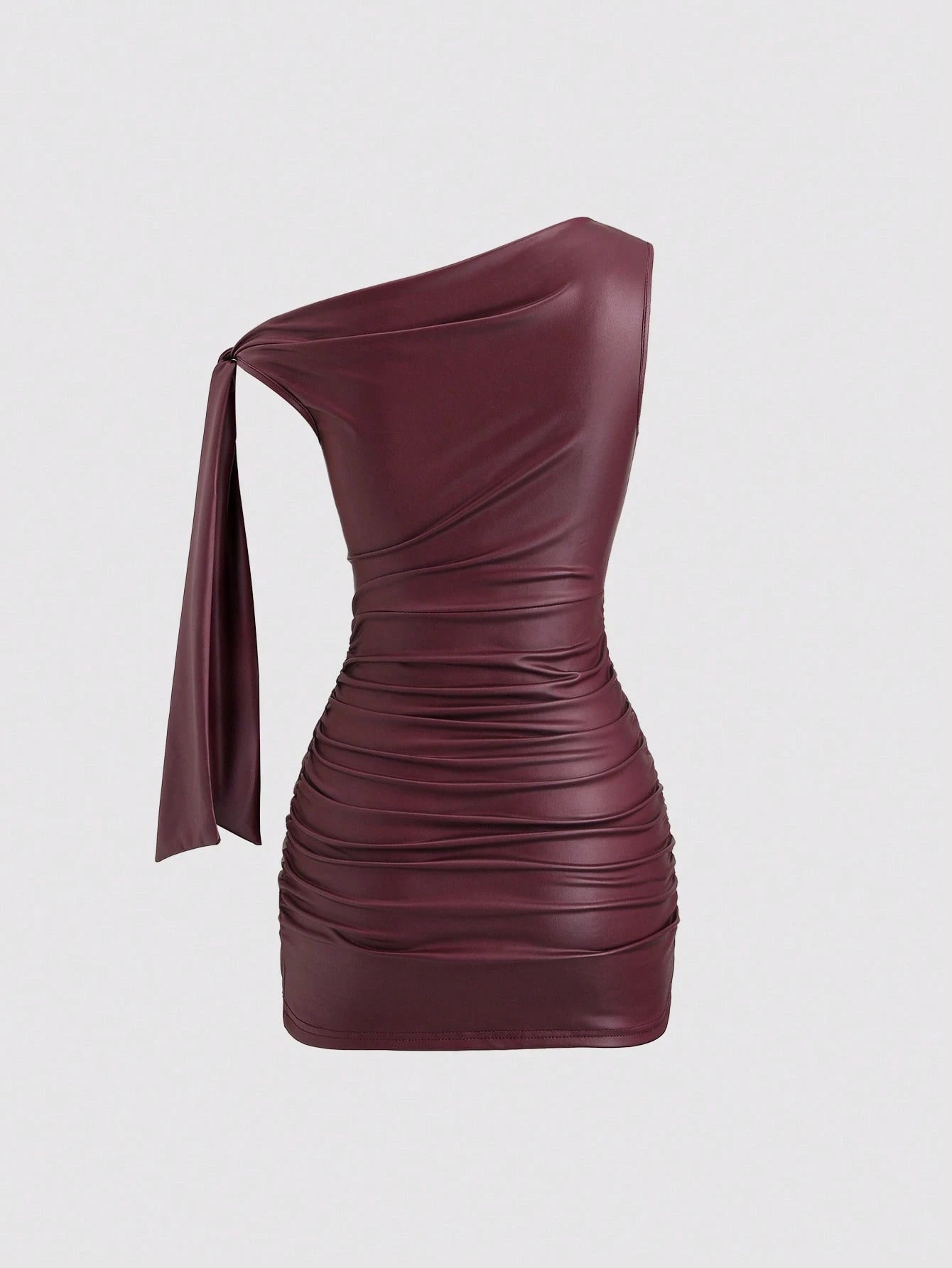 Sweetra Wine Red Black Coated Elastic Asymmetric Neck Ruched Slim Fit Mini Dress,Side Ruffle,Summer,70s,Holiday,Night Out,Party Cocktail,Commute Daily Wear
