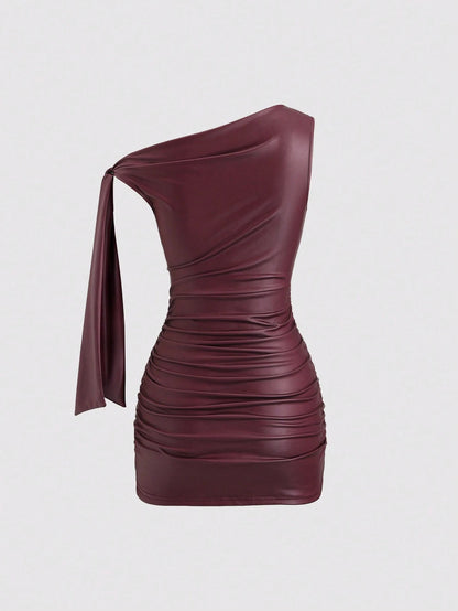 Sweetra Wine Red Black Coated Elastic Asymmetric Neck Ruched Slim Fit Mini Dress,Side Ruffle,Summer,70s,Holiday,Night Out,Party Cocktail,Commute Daily Wear