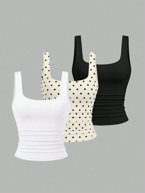 Sweetra Women's Casual Solid Color & Polka Dot Print Tank Top
