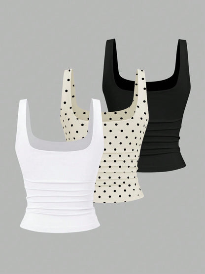Sweetra Women's Casual Solid Color & Polka Dot Print Tank Top