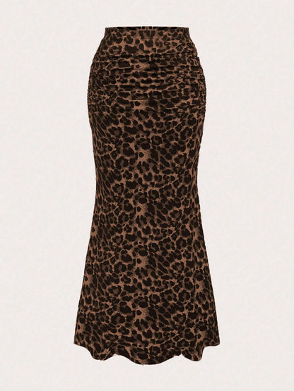 Sweetra Women's Leopard Print Ruched Mermaid Hem Holiday Skirt