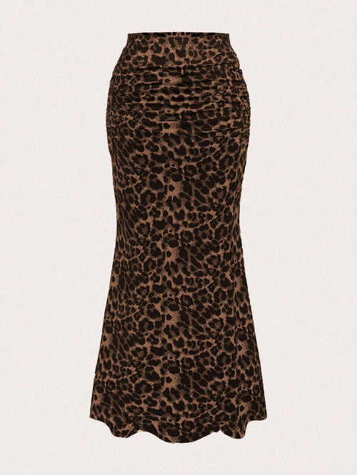 Sweetra Women's Leopard Print Ruched Mermaid Hem Holiday Skirt