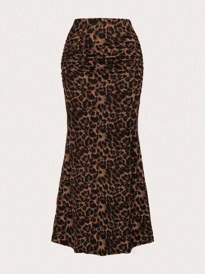 Sweetra Women's Leopard Print Ruched Mermaid Hem Holiday Skirt