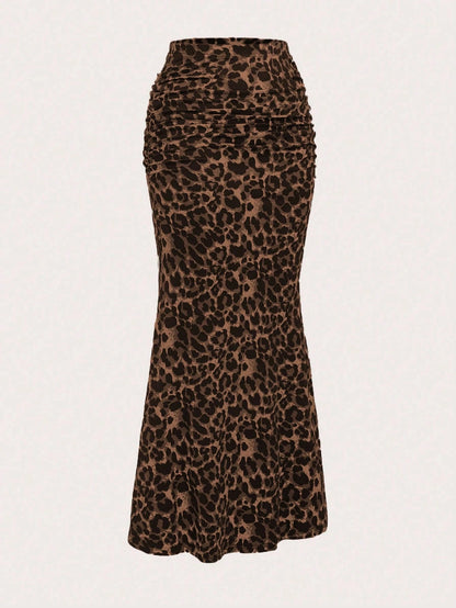 Sweetra Women's Leopard Print Ruched Mermaid Hem Holiday Skirt