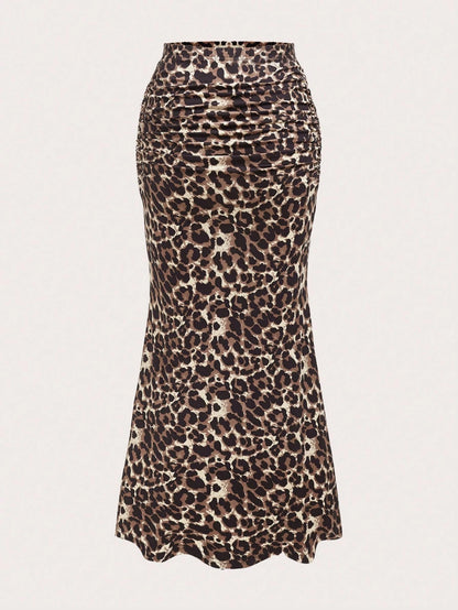 Sweetra Women's Leopard Print Ruched Mermaid Hem Holiday Skirt