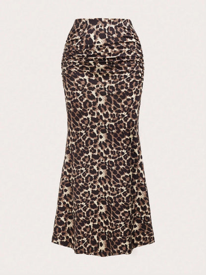 Sweetra Women's Leopard Print Ruched Mermaid Hem Holiday Skirt