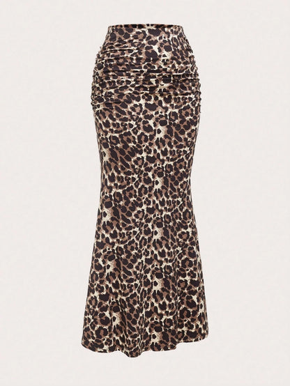 Sweetra Women's Leopard Print Ruched Mermaid Hem Holiday Skirt