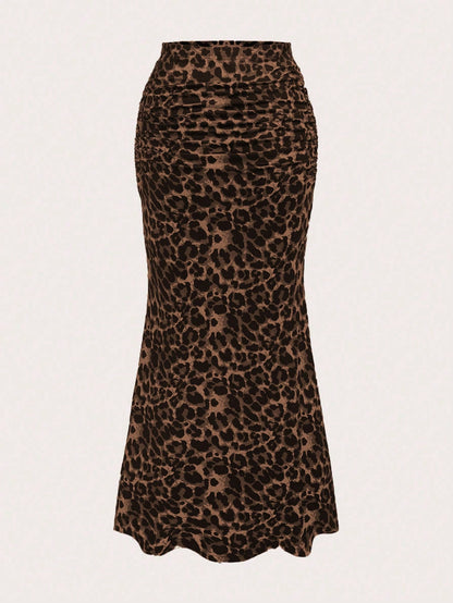 Sweetra Women's Leopard Print Ruched Mermaid Hem Holiday Skirt