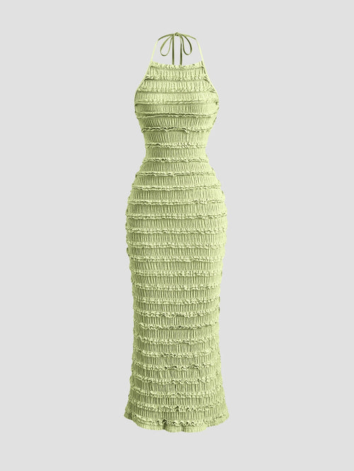 Sweetra Women's Light Yellow Pleated Lace Maxi Dress, Romantic Sexy Resort Style, Spring/Summer