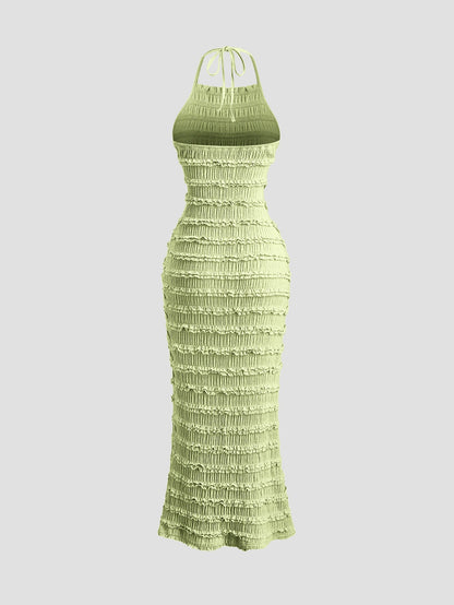 Sweetra Women's Light Yellow Pleated Lace Maxi Dress, Romantic Sexy Resort Style, Spring/Summer