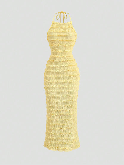 Sweetra Women's Light Yellow Pleated Lace Maxi Dress, Romantic Sexy Resort Style, Spring/Summer
