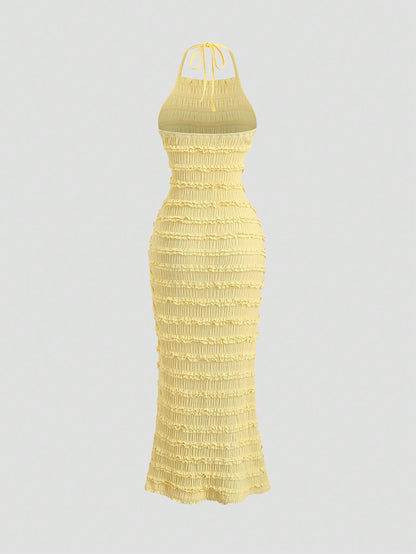 Sweetra Women's Light Yellow Pleated Lace Maxi Dress, Romantic Sexy Resort Style, Spring/Summer