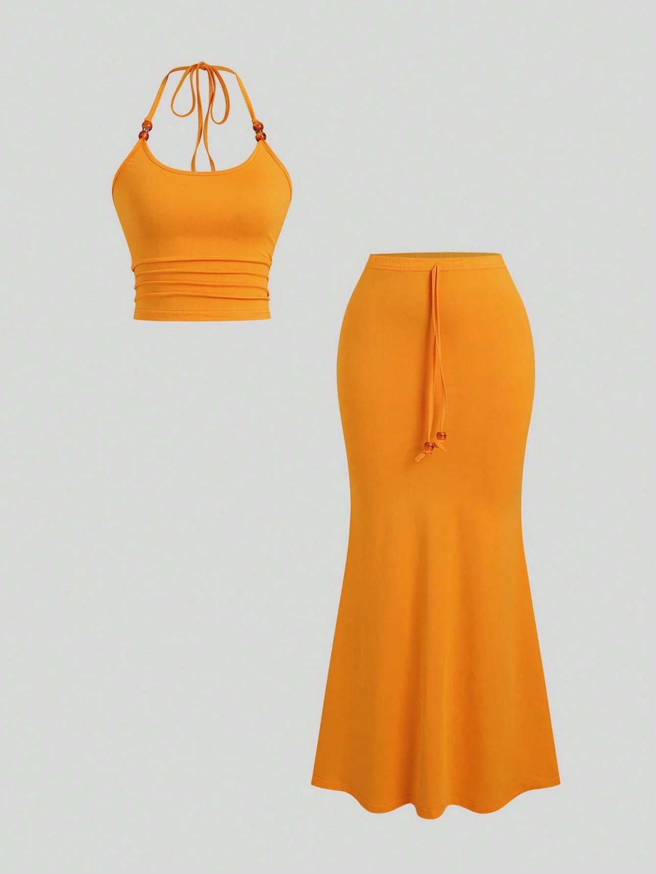 Sweetra Women's Summer Orange Halter Top With Pearl Decoration & Bodycon Skirt 2 Pieces Set