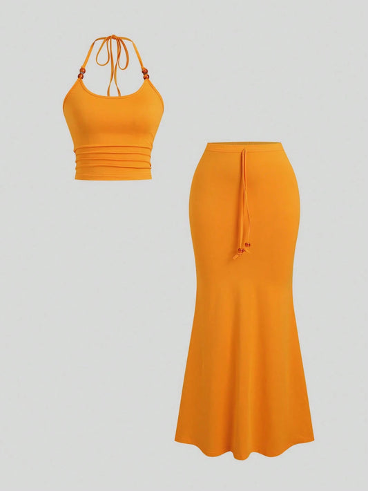 Sweetra Women's Summer Orange Halter Top With Pearl Decoration & Bodycon Skirt 2 Pieces Set