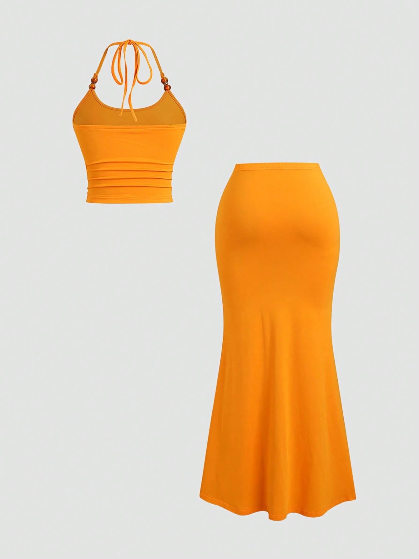 Sweetra Women's Summer Orange Halter Top With Pearl Decoration & Bodycon Skirt 2 Pieces Set