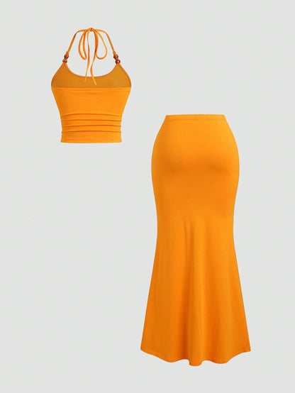 Sweetra Women's Summer Orange Halter Top With Pearl Decoration & Bodycon Skirt 2 Pieces Set