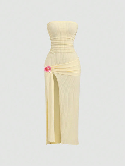 Sweetra Wrap Chest Slit Tie-Up Floral Dress, Waist Cinched Bodycon Slit Dress