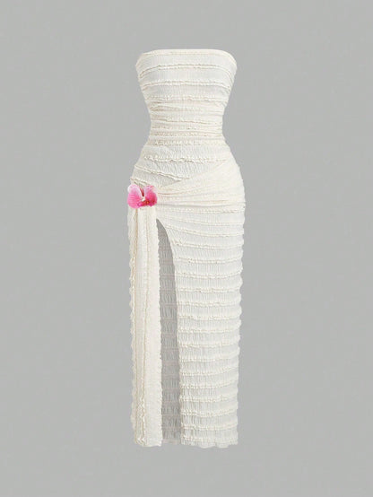 Sweetra Wrap Chest Slit Tie-Up Floral Dress, Waist Cinched Bodycon Slit Dress