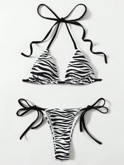 Swim 2pcs/Set 2025 Women Zebra Print Halter Tie Sexy Bikini Set, Random Print Summer