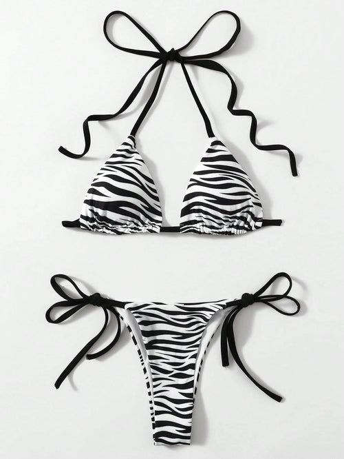 Swim 2pcs/Set 2025 Women Zebra Print Halter Tie Sexy Bikini Set, Random Print Summer