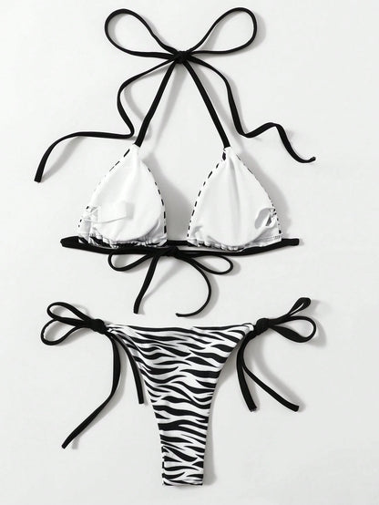 Swim 2pcs/Set 2025 Women Zebra Print Halter Tie Sexy Bikini Set, Random Print Summer
