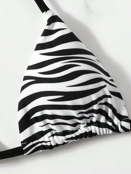 Swim 2pcs/Set 2025 Women Zebra Print Halter Tie Sexy Bikini Set, Random Print Summer