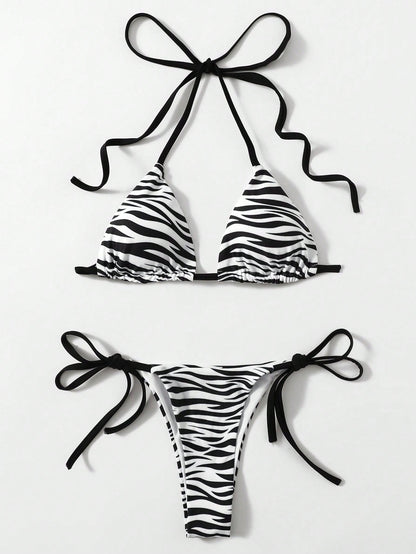 Swim 2pcs/Set 2025 Women Zebra Print Halter Tie Sexy Bikini Set, Random Print Summer
