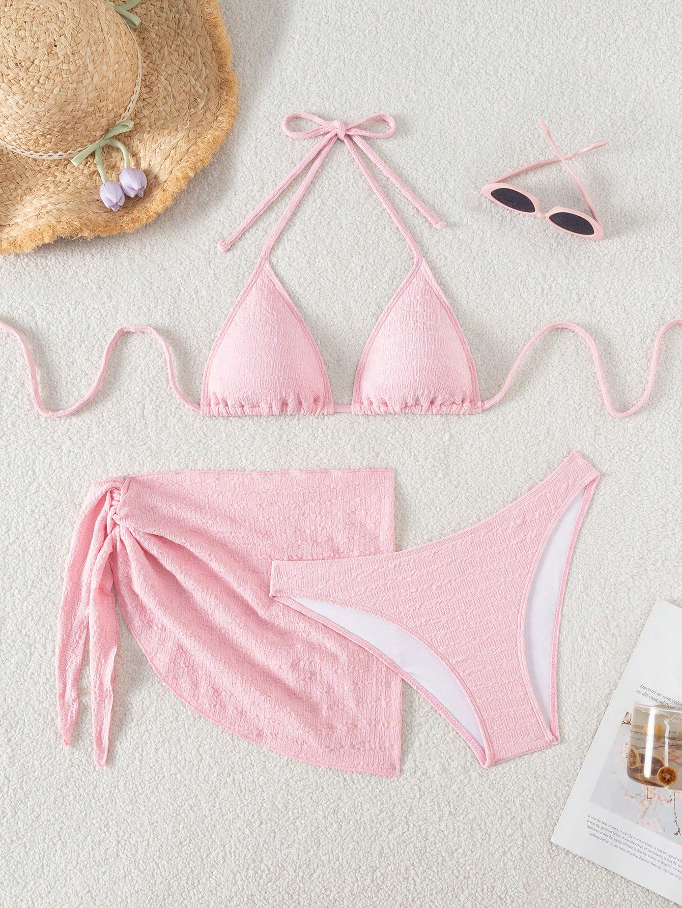 Swim Basics 3pcs/Set Women Solid Color Halter Neck Swimsuit, Triangle Bikini Bottom, Swimwear Set With Cover Up Skirt For Summer