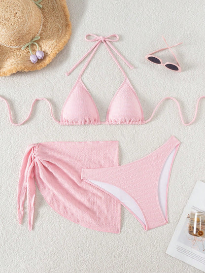 Swim Basics 3pcs/Set Women Solid Color Halter Neck Swimsuit, Triangle Bikini Bottom, Swimwear Set With Cover Up Skirt For Summer