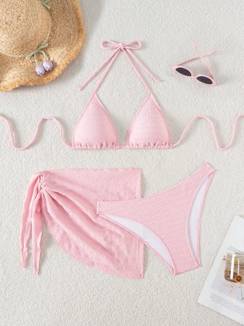 Swim Basics 3pcs/Set Women Solid Color Halter Neck Swimsuit, Triangle Bikini Bottom, Swimwear Set With Cover Up Skirt For Summer