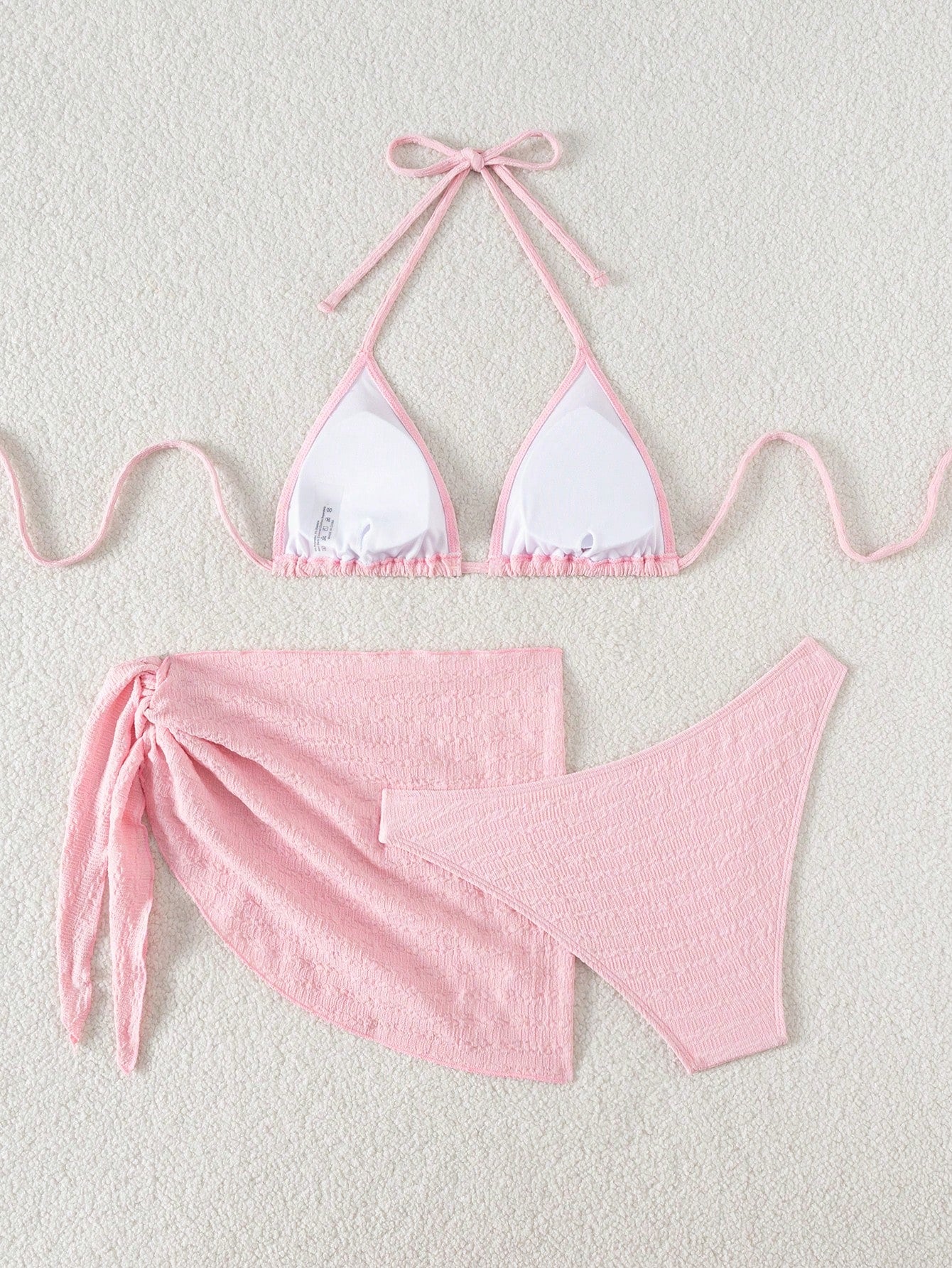 Swim Basics 3pcs/Set Women Solid Color Halter Neck Swimsuit, Triangle Bikini Bottom, Swimwear Set With Cover Up Skirt For Summer